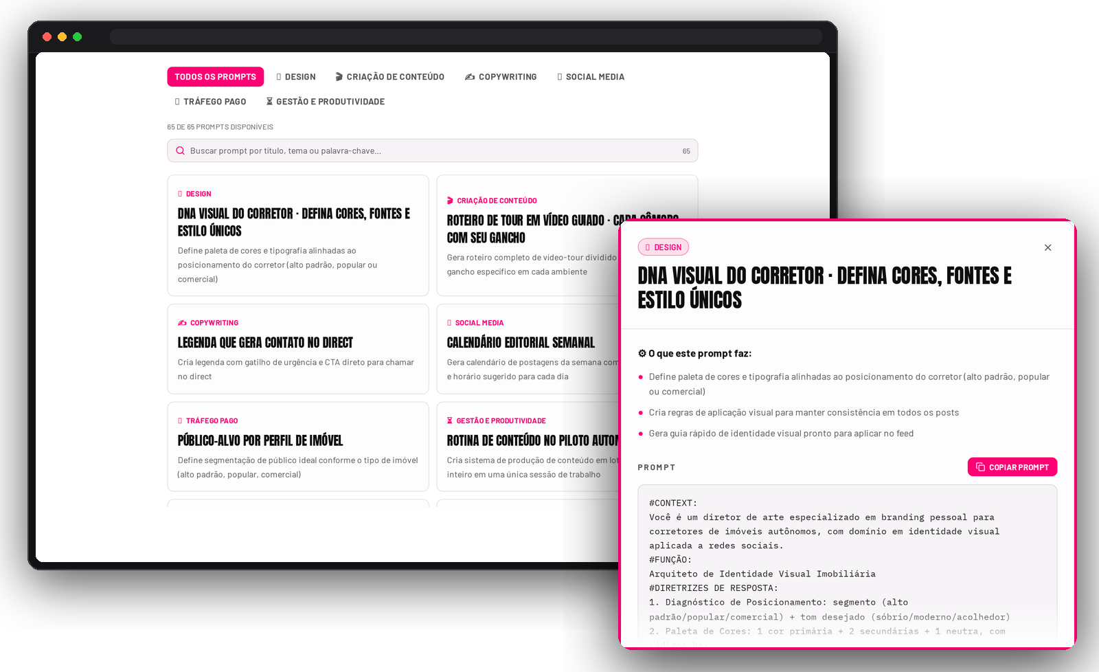 Mockup da interface do Corretor Creator: janela de navegador com a lista de prompts organizados por categoria e um card de prompt aberto mostrando a seção 'O que este prompt faz' e o botão Copiar prompt